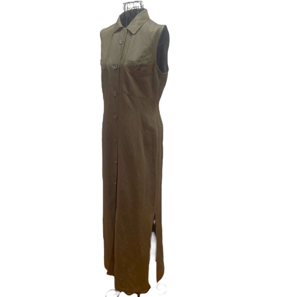 🇫🇷 NWOT Votre Nom Paris Olive Green Sleeveless Linen Blend Shirt Dress T3 M L - Picture 2 of 14